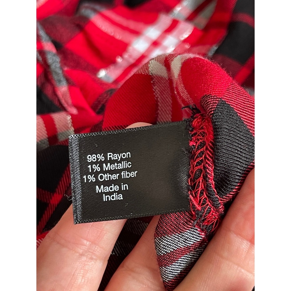Lane Bryant Red Black Plaid Metallic Roll Tab Sleeve Button Front Shirt 26/28 - Picture 7 of 9